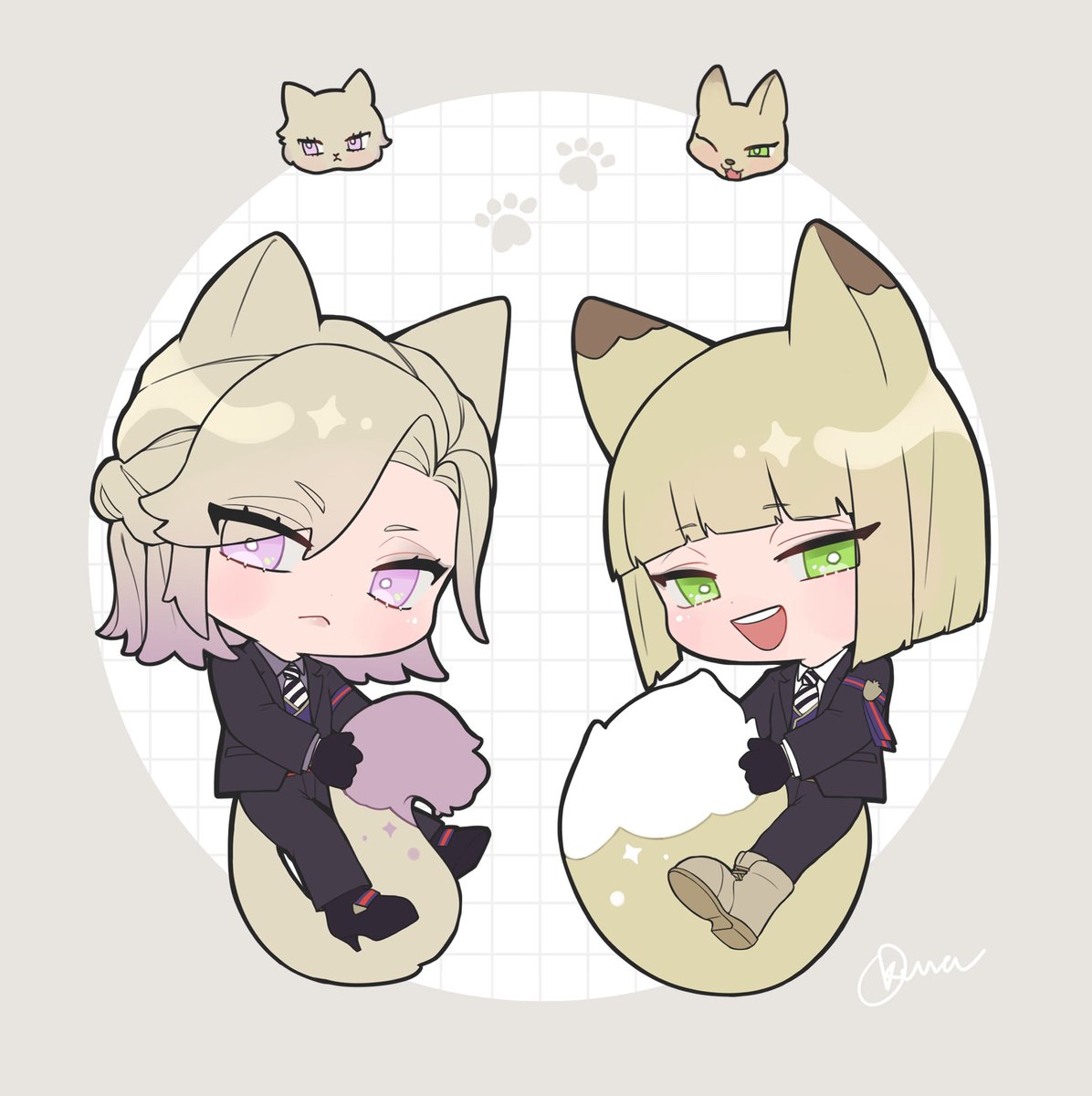 animal ears tail green eyes multiple boys black gloves necktie chibi  illustration images