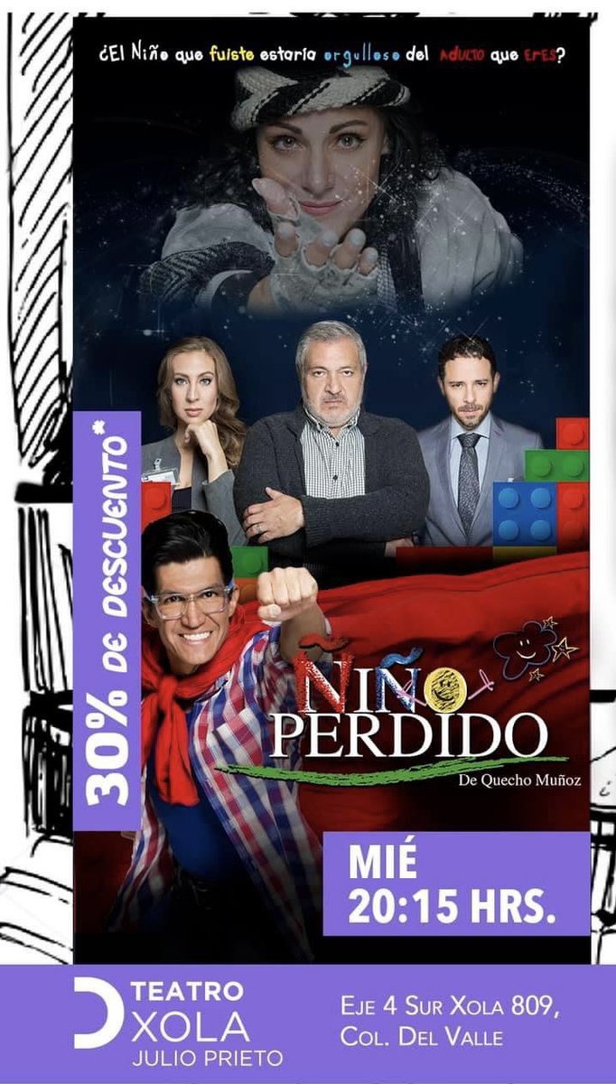 Termina octubre y no puedes perderte el último miércoles de <a href="/NinoPerdidoMx/">Ñiño Perdido</a> y por esto te dejamos este descuento válido en taquilla.
Vuelve a soñar. Con <a href="/soylolacortes/">@soylolacortes</a> <a href="/geragonzalez08/">Gerardo González</a> <a href="/pedazodeQuecho/">Quecho Muñoz</a> <a href="/jdanfigueroa/">José Daniel Figueroa</a> <a href="/CrisantaArtista/">CRISANTA</a> 
<a href="/TeatroXola/">TEATRO XOLA</a> 8:15pm