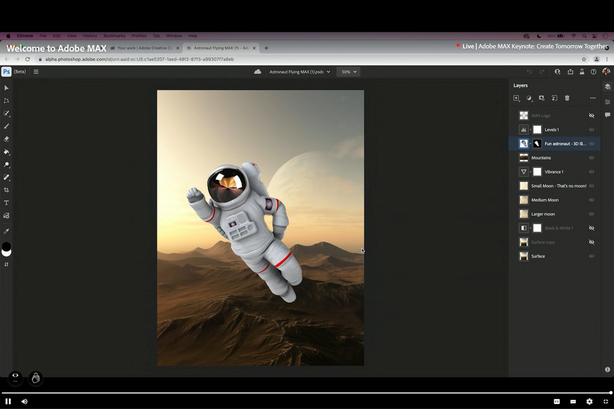 benforta's tweet photo. Yep, this is an #OMG moment. @terrylwhite on the #AdobeMAX2021 stage showing a beta of @Photoshop running in the browser! https://t.co/qROHgvUtmM
