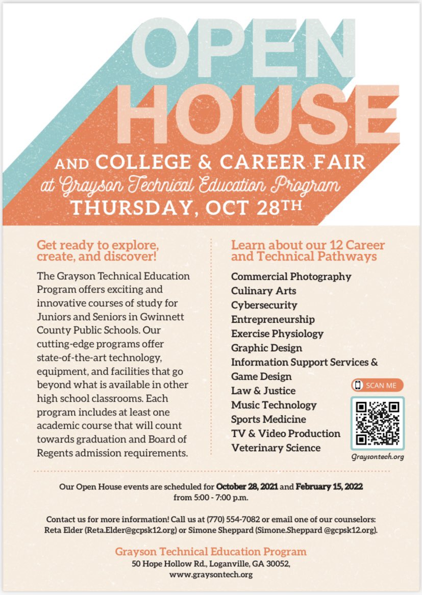 Open House is this Thursday, October 28th from 5:00-7:00 PM! Join us for an exciting evening where you can hear from program instructors and visit college and career representatives. See you there!