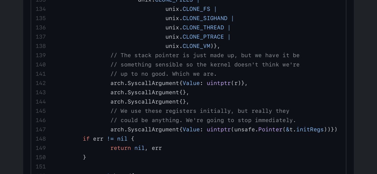 Source code with comment that reads "The stack pointer is just made up, but we have it be something sensible so the kernel doesn't think we're up to no good. Which we are."