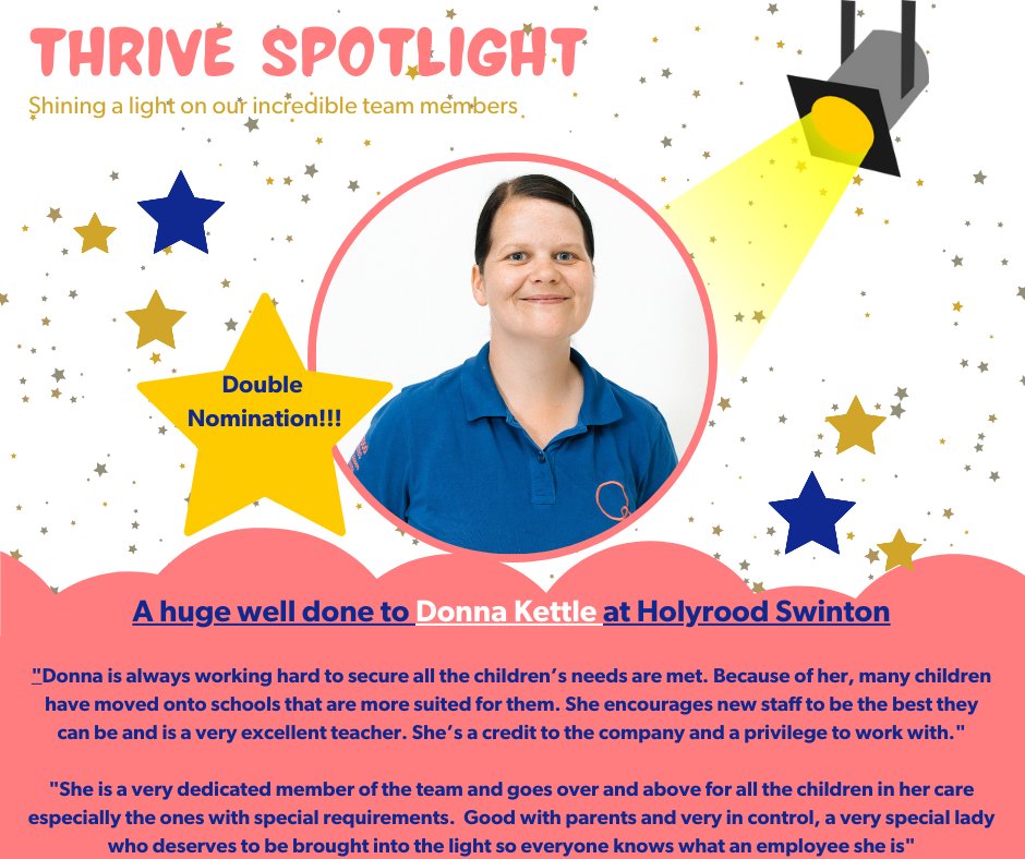 HolyroodSwinton's tweet photo. Our Spotlight campaign offers our incredible team members a chance to shout about their colleagues and the wonderful work they do. Delighted to share a new double nomination with u...for Donna at Swinton! Amazing work and lovely comments! @ChildcareThrive https://t.co/ZV5IR8UEef