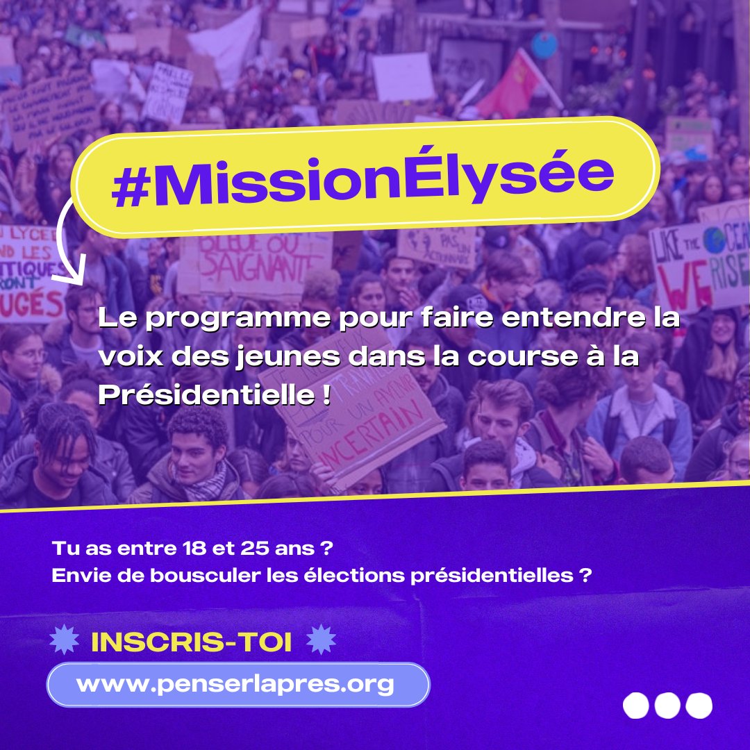 Tu as entre 18 et 25 ans et tu as envie de bousculer les élections présidentielles ? Inscris-toi à la Mission Élysée de <a href="/PenserLapres/">Penser L'après...</a>, et rejoins une promo de 50 jeunes pour faire entendre vos voix dans la course à la #Présidentielle2022 !👉 cutt.ly/IRaRmq5