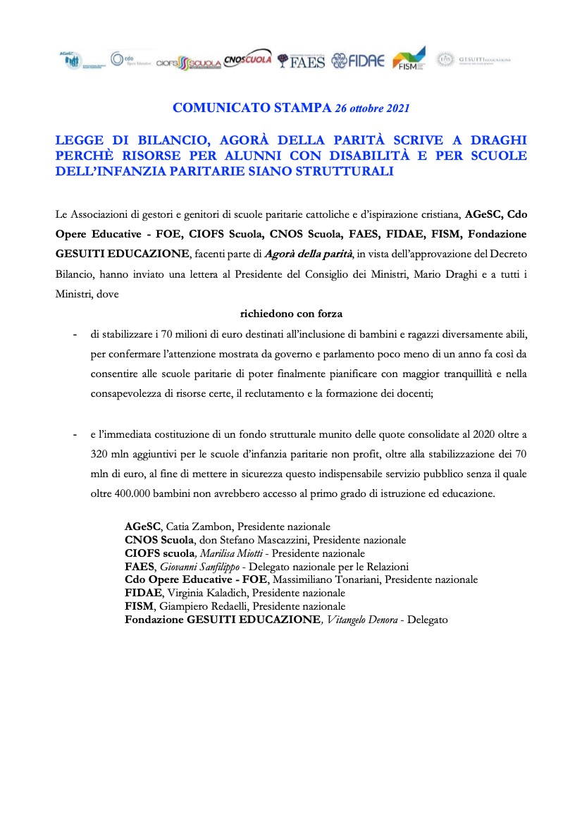FAESmilano's tweet photo. ➡L' Agorà delle Parità:  l'Associazione di gestori e genitori delle scuole paritarie cattoliche e di ispirazione cristiana in vista dell'approvazione del Decreto di Bilancio inviano una lettera a Mario Draghi, 
in cui con forza fanno alcune richieste.
#leggedibilancio #scuola https://t.co/jSggg9keQh