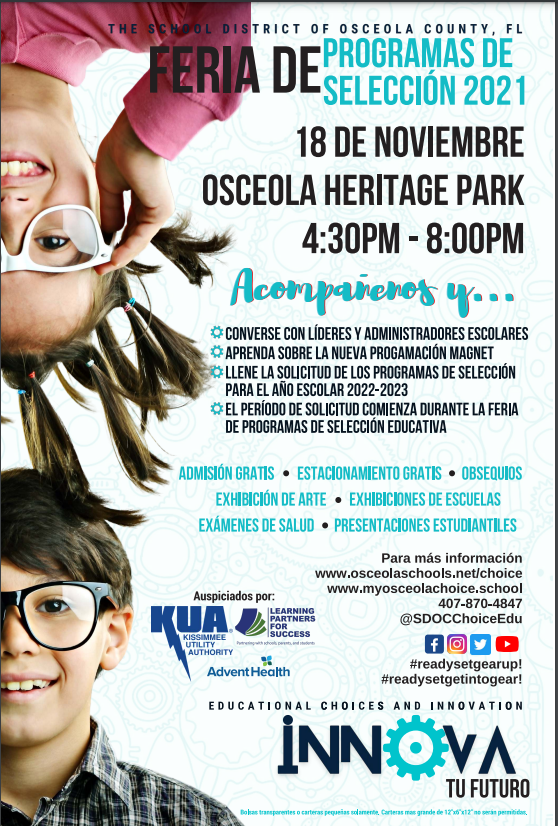 SDOCChoiceEdu's tweet photo. The School District of Osceola County is gearing up for our annual Choice Fair in less than a month. We are so excited to see everyone in person this year. Join us for this FREE event. #SDOCChoice #SDOCGoodtoGreat #readysetgearup #readysetgetintogear! https://t.co/nDyONlX3kN