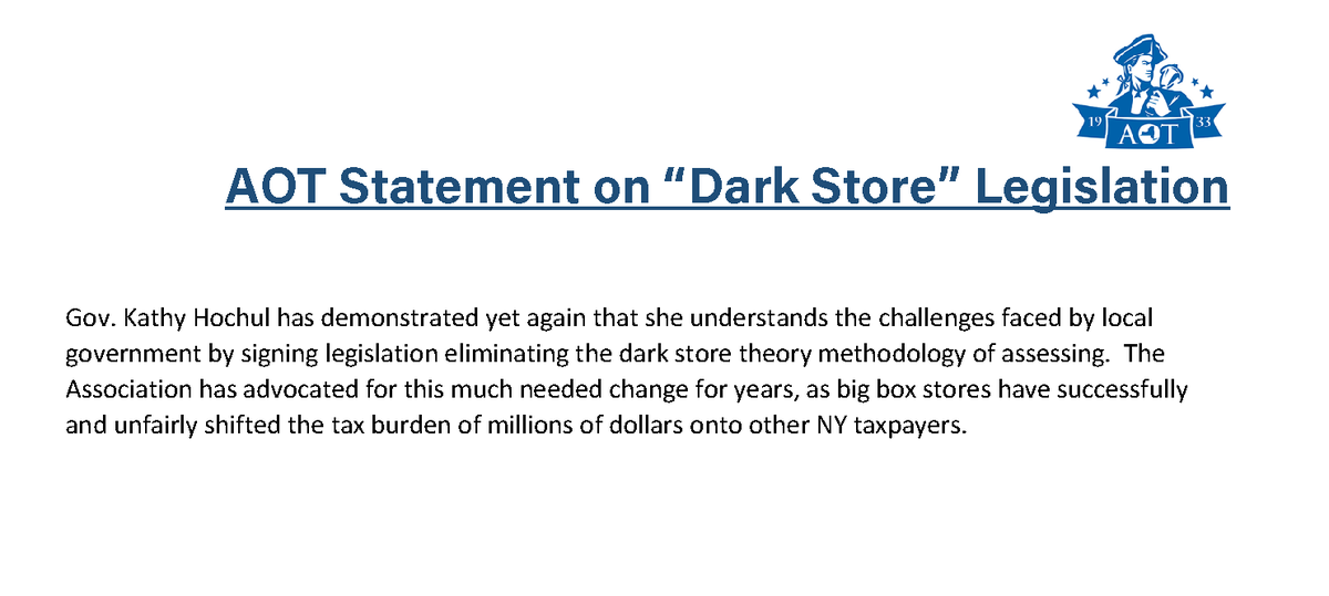 nytowns's tweet photo. We are pleased to see legislation signed by @GovKathyHochul eliminating the so-called "Dark Store" theory, which allowed fully operational big box retailers to challenge their assessment rates against dark stores and resulted in a regular tax shift onto property taxpayers. https://t.co/N3B6PKjmHp