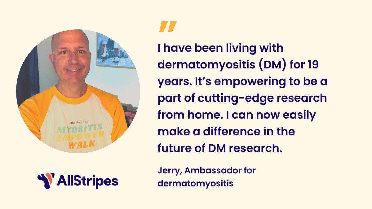 Jerry (<a href="/jerryw1976/">Jerry Williams 🇺🇸💙🏳️‍🌈</a>) is the founder and president of <a href="/MyositisSupport/">Myositis Support and Understanding (MSU)</a> and an ambassador for AllStripes’ dermatomyositis research program. Learn more: allstripes.com/dm