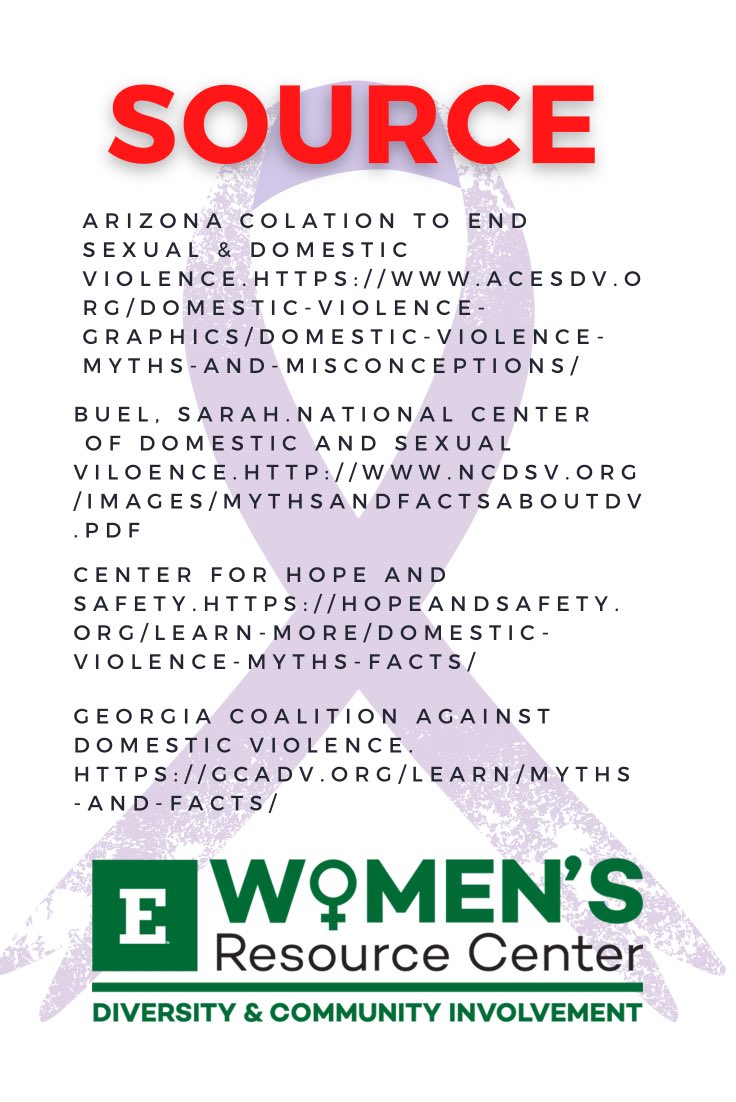 WRC_EMU's tweet image. October is Domestic Violence Awareness Month! 

We put together a Myth Vs. Fact sheet to debunk myths or  misinformation about Domestic Violence. 

We hope that this information is helpful, feel free to check out the sources for more information!