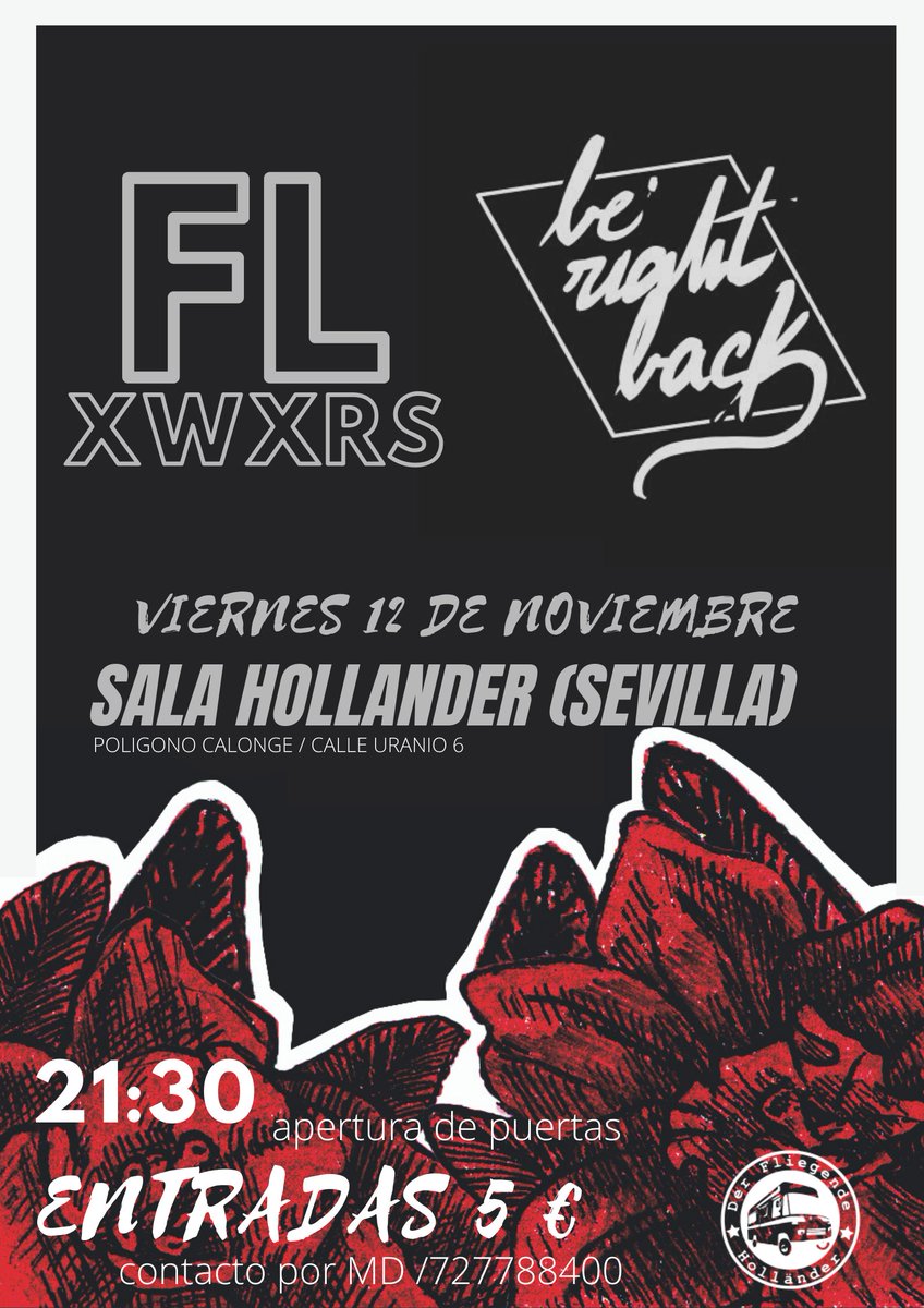 brbmusica's tweet photo. ¡Gente! Tenemos nueva fecha de concierto. El día 12 de noviembre estaremos tocando con nuestros amigos de @_FLXWXRS_ en la sala Hollander en Sevilla. Para las entradas nos podéis mandar un MD a nosotros o a @_FLXWXRS_ ¡Nos vemos allí! https://t.co/NFhtIQl6Aw