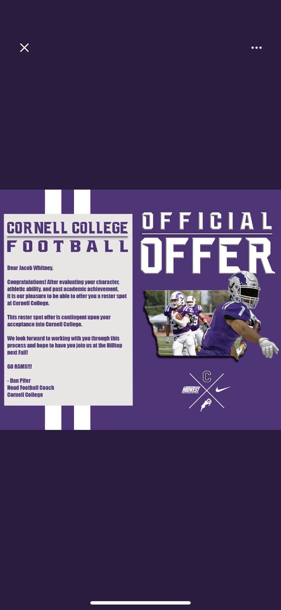 I am very blessed to say I got my first offer to play the next level at Cornell college Once again thank you <a href="/Coach_Artinian/">Kyle Artinian</a>