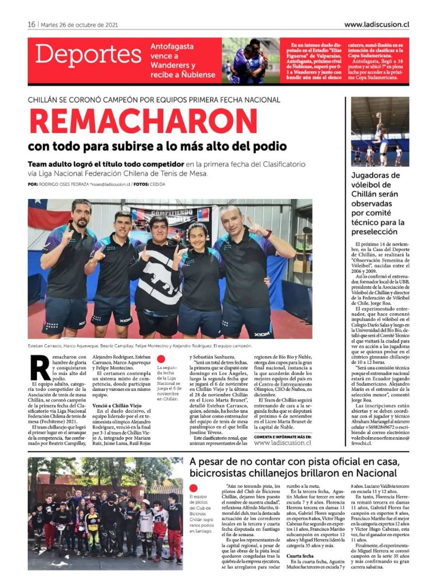 fechiteme's tweet photo. 🔥🔥Chillán se coronó campeón por equipos primera división🔥🔥 🎊✨Felicitaciones ✨🎊🏓🏅🇨🇱💪💫
.
#fechiteme #tenisdemesa #federacion #Deportes #diario #chillan #Chileno https://t.co/PFgHqndFjB