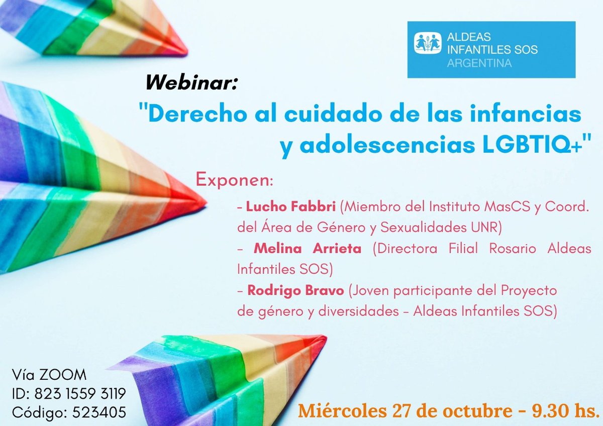 infanciaendeuda's tweet photo. 💻📣 Webinar: "Derecho al cuidado de las #infancias y adolescencias LGBTIQ+" @AldeasArgentina
🗣️ @LuchoFabbri, #MelinaArrieta y #RodrigoBravo
🗓️ Miércoles 27/10 a las 9:30 ☀️ Via #Zoom 📲
Podés inscribirte aquí: https://t.co/Tmb9nrKqCy https://t.co/rIO83TfNHa