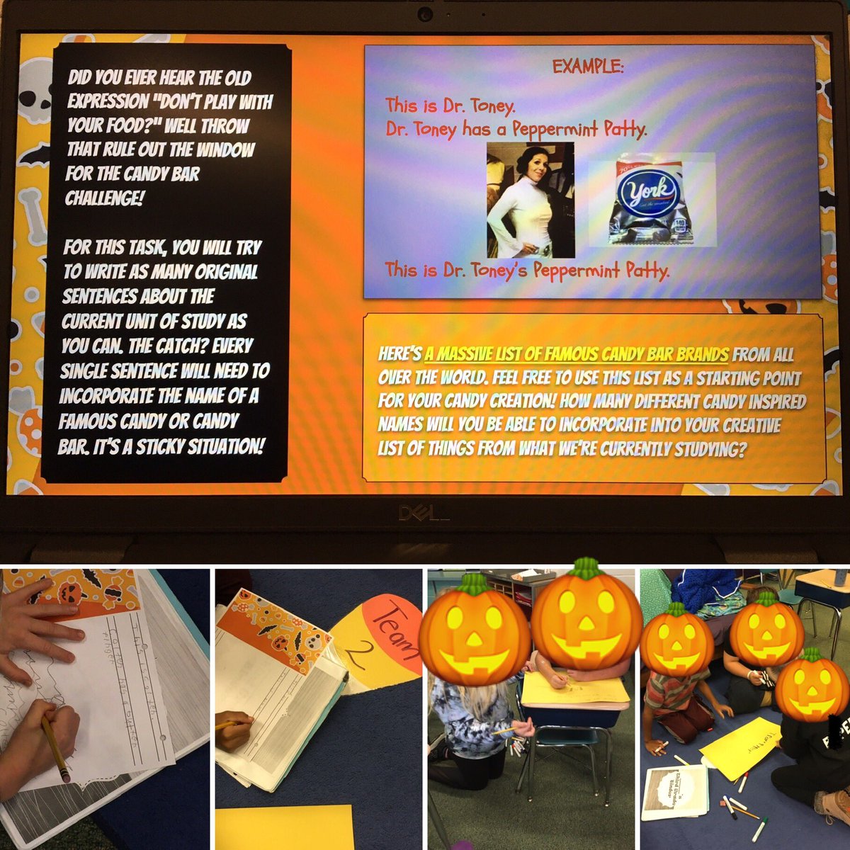 JENTONEY's tweet photo. Hey all you @MeehanEDU & @mrmatera #EMC2Learning fans, check out my 3rd gr. adaptation of the Candy Challenge! All Ss worked to create a page for our possessive nouns class book, then teams had the option for a larger challenge to earn a prize. All Ss chose to try it! 🥳🍫✏️📓🎃 https://t.co/2itb1RkHdd