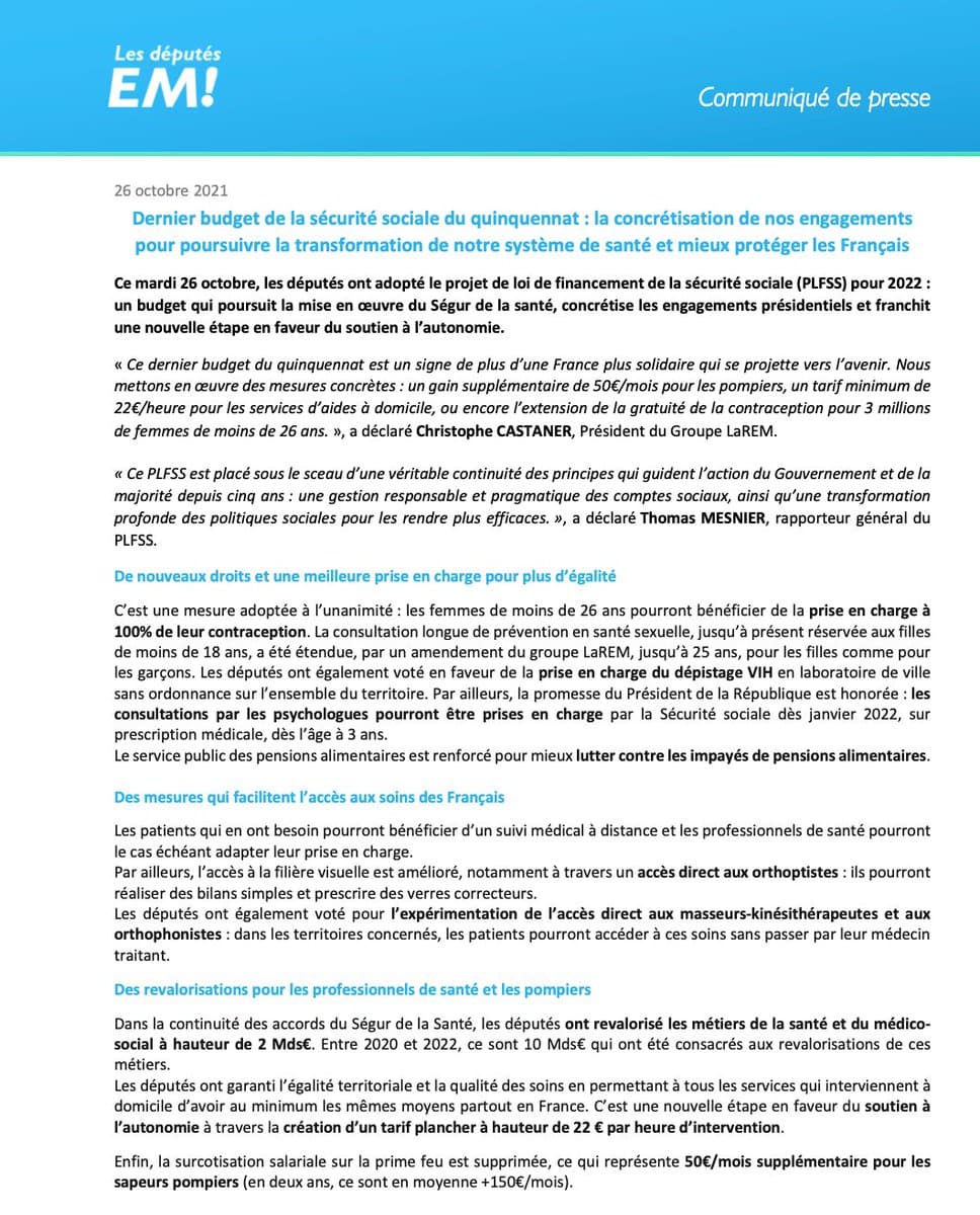 B_BessotBallot's tweet photo. Le #PLFSS 2022 est adopté 🏛️🗳️ 

👉 suppression de la surcotisation salariale des pompiers, soit environ 50 euros par mois Pompier
👉 un plancher à 22€/h pour les services d’accompagnement à domicile, mesure d'équité des territoires
👉 mais aussi #contraception, #forfaitpsy... https://t.co/dI1OSBOvxk
