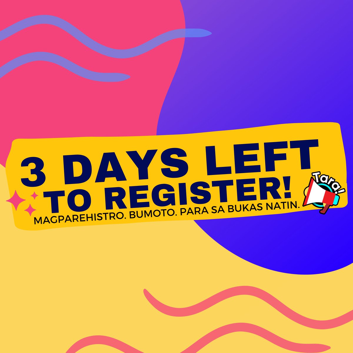 3 DAYS LEFT TO REGISTER AS A VOTER! 

Are you #RegiToVote? 

FAQs for voter registration, see: facebook.com/koalisyon22ph/….

For reactivation process, check: facebook.com/koalisyon22ph/….

Join our Viber community: vb.me/regitovote
#LoveKitaPinas