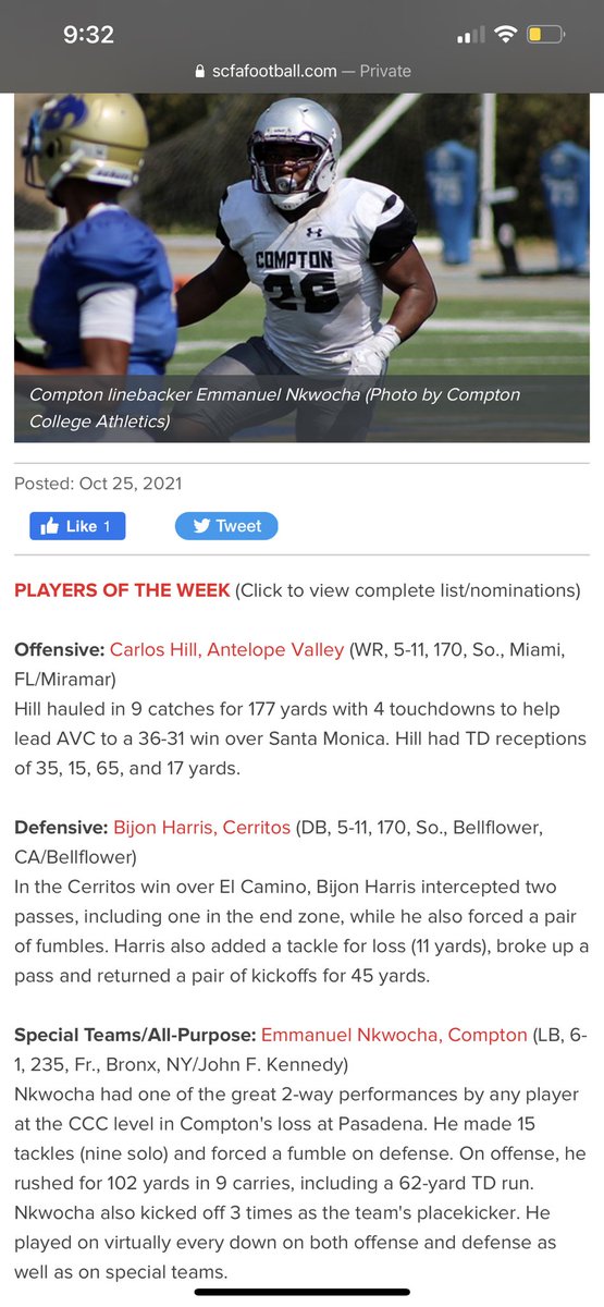 Scfa week 8 player of the week...doesn’t matter where you go and whatever the situation may be...if you can ball that will be noticed..job not done!! @NYCFootball1 @EliteVShowcase @DanSerafin @AdamJSalazar @JuCoFBN