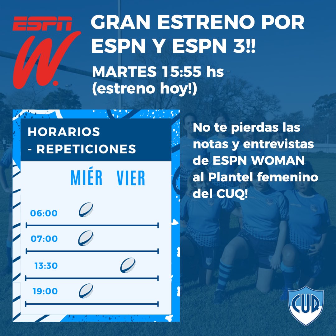 El plantel femenino de nuestro club fue entrevistado para ESPN WOMAN @espnwoman !😀👏🏻 No te pierdas la nota exclusiva que sale hoy por el canal ESPN y ESPN 3! 
También podes mirar la repe (horarios y días en la grilla)

#cuqoficial #rugbyfemenino #clubderugby #espn #espnwoman