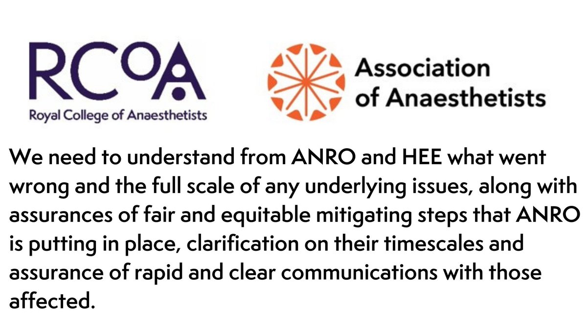 .<a href="/RCoANews/">Royal College of Anaesthetists</a> &amp; <a href="/Assoc_Anaes/">Association of Anaesthetists</a> statement on ST3 recruitment &amp; actions today with <a href="/UKANRO/">A.N.R.O.</a>.

We urge an independent review into what happened &amp; we press to be a part of that review. 

This has impacted individuals &amp; we would like to hear from members affected.

🔸bit.ly/3ba90O4