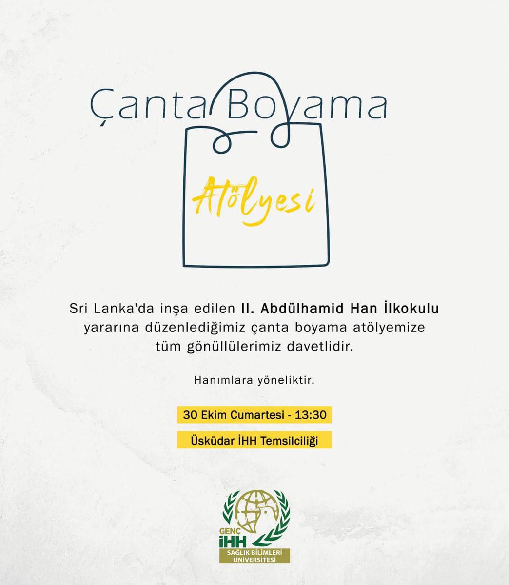 Sri Lanka'da inşa edilmekte olan II. Abdülhamid Han İlkokulu yararına düzenlenen çanta boyama atölyemize tüm hanım gönüllülerimiz davetlidir. Kayıt ve detaylı bilgi için:
 forms.gle/DkQy98W4GmGczr…