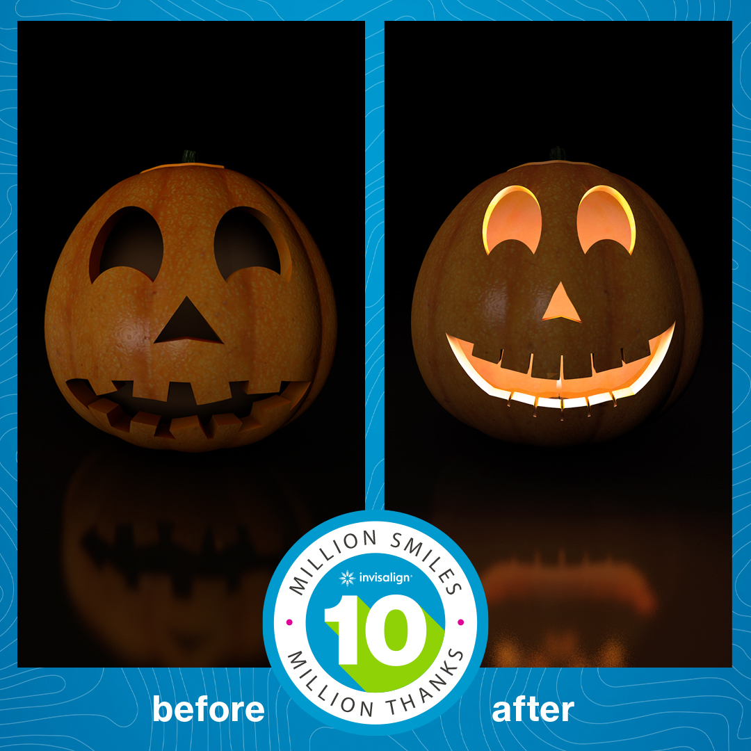 Invisalign's tweet image. A smile transformation that’s “pumpkin” to talk about. 
😊🎃
#invisalign #invisalignsmile #transformationtuesday