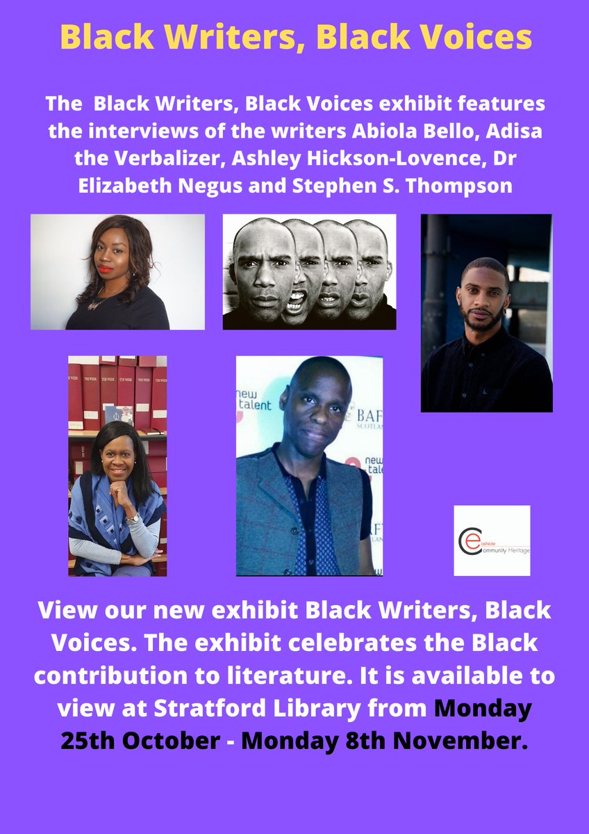 View our new Black Writers, Black Voices exhibit at Stratford Library from Monday 25th October – Monday November 8th, the exhibit celebrates the Black contribution to literature. <a href="/ABelloWrites/">Abiola Bello</a> <a href="/Adisapoet/">Adisa</a>,
 <a href="/AHicksonLovence/">Ashley Hickson-Lovence</a> Dr. Elizabeth Negus <a href="/ss_thompson/">Stephen S. Thompson</a>