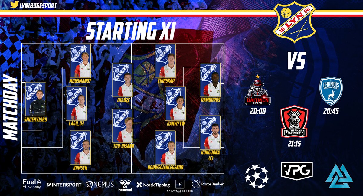 Kampkveld 2! 3 kamper i kveld, og dette er laget:

⏲️21:00
🏆<a href="/ARCTICACL/">Arctic League</a> 
🆚<a href="/BaitmenE/">Baitmen eSports</a> 

⏲️21:45
🏆<a href="/OfficialVPG/">Virtual Pro Gaming</a> L2N
🆚@Niort_Academy 

⏲️22:15
🏆<a href="/OfficialVPG/">Virtual Pro Gaming</a> L2N
🆚<a href="/RUFCeSports/">Rotherham United Esports</a>

Kampene kan ses på twitch.tv/kongjona eller Lyn TV på youtube!