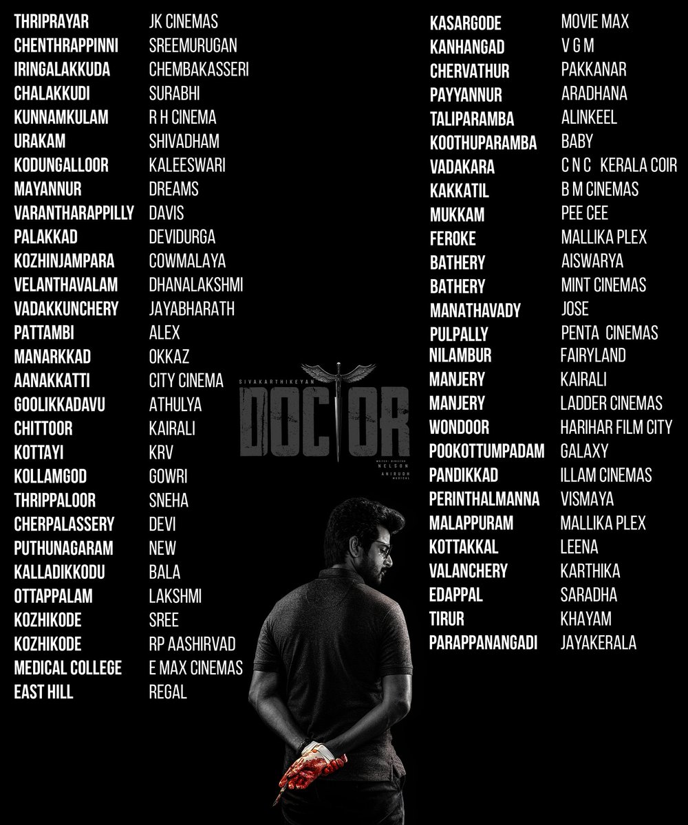 AllIndiaSKFC's tweet photo. Here's the Kerala theatre list for our #Prince @Siva_Kartikeyan Anna's #DOCTOR 🤩 Celebrate in theatres from October 28 🥳
#PrinceSK #DoctorInKerala #DoctorFromOct28 #MegaBlockBusterDOCTOR
@Nelsondilpkumar @SKProdOffl @kjr_studios https://t.co/PuGNhBxqkL
