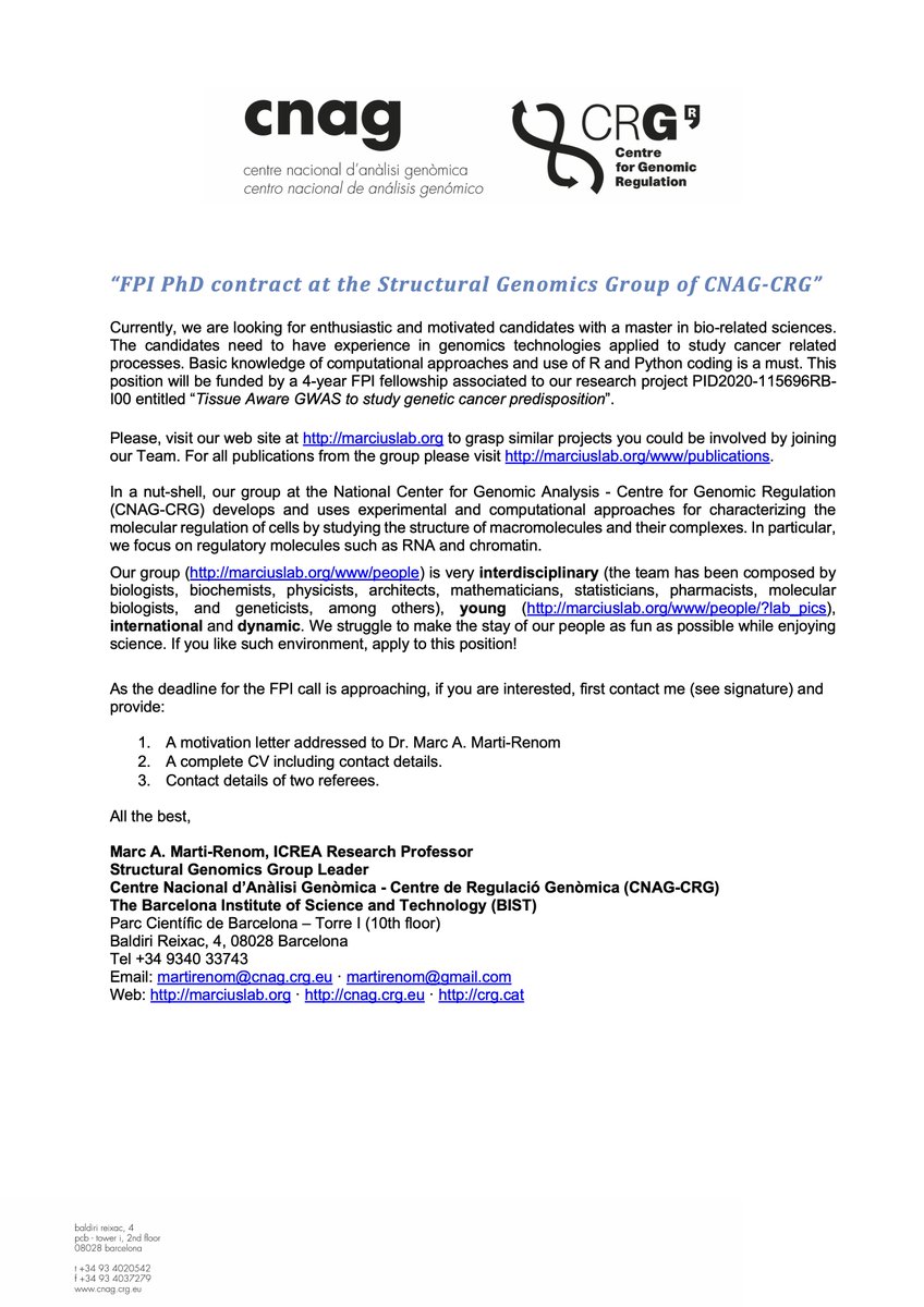 Marc A. Marti-Renom (@mamartirenom) on Twitter photo ๐จWe are looking for PhD candidates for a FPI fellowship (4 years) associated to the AEI project (PID2020-115696RB- I00) to study #3DGenome #GWAS and #cancer. Please, contact me if interested... see attached image for more datails. ๐จ
Join <a href="/MarciusLab/">Marcius Lab</a>! ๐ ๐จWe are looking for PhD candidates for a FPI fellowship (4 years) associated to the AEI project (PID2020-115696RB- I00) to study #3DGenome #GWAS and #cancer. Please, contact me if interested... see attached image for more datails. ๐จ
Join <a href="/MarciusLab/">Marcius Lab</a>! ๐