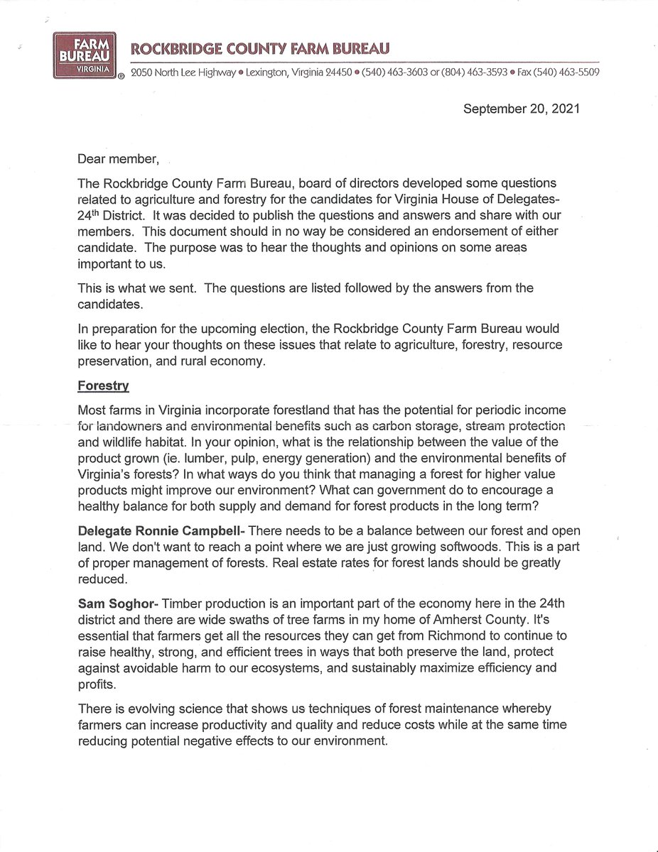 LexRockDemsVA's tweet photo. Rockbridge County Farm Bureau questionnaire responses of House of Delegates candidates in VA D24.
See the thoughtful answers from our candidate #SamSoghor 1/2 https://t.co/uzYnkbMeFE
