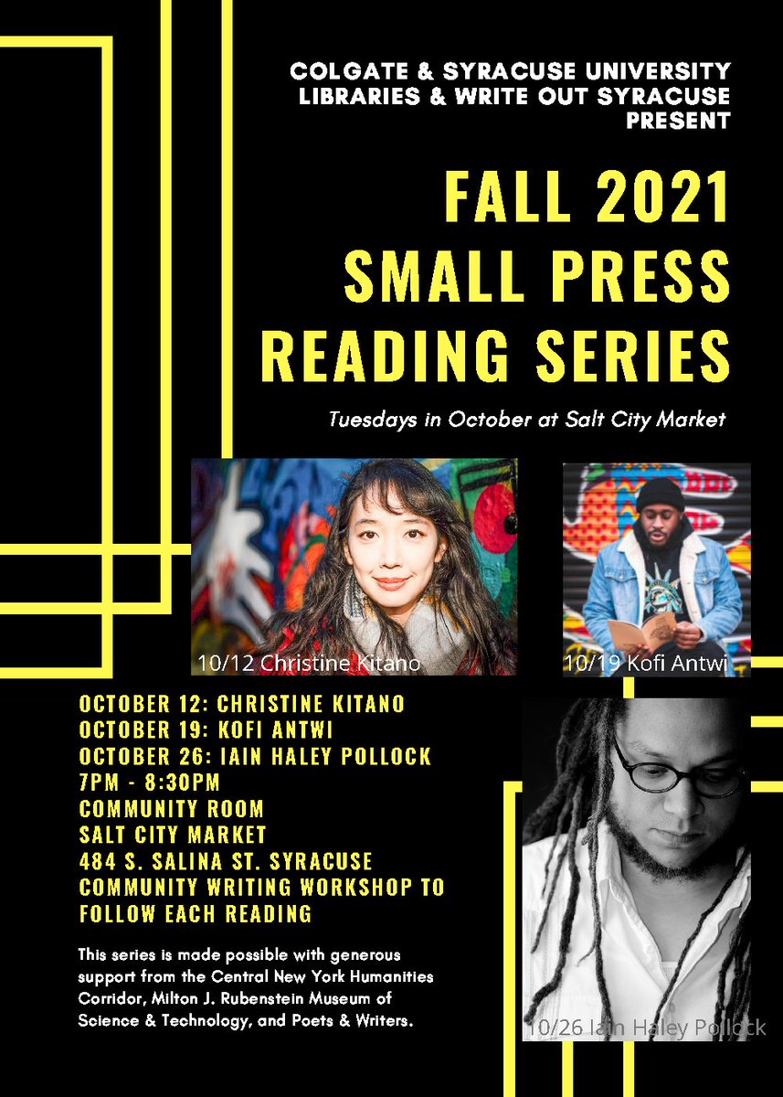 Join us for our last reading of the fall semester featuring Ian Haley Pollock at <a href="/saltcitymarket/">Salt City Market</a> with partners <a href="/SyracuseULib/">Syracuse University Libraries</a> &amp; Write Out!  Free &amp; Open to All!!