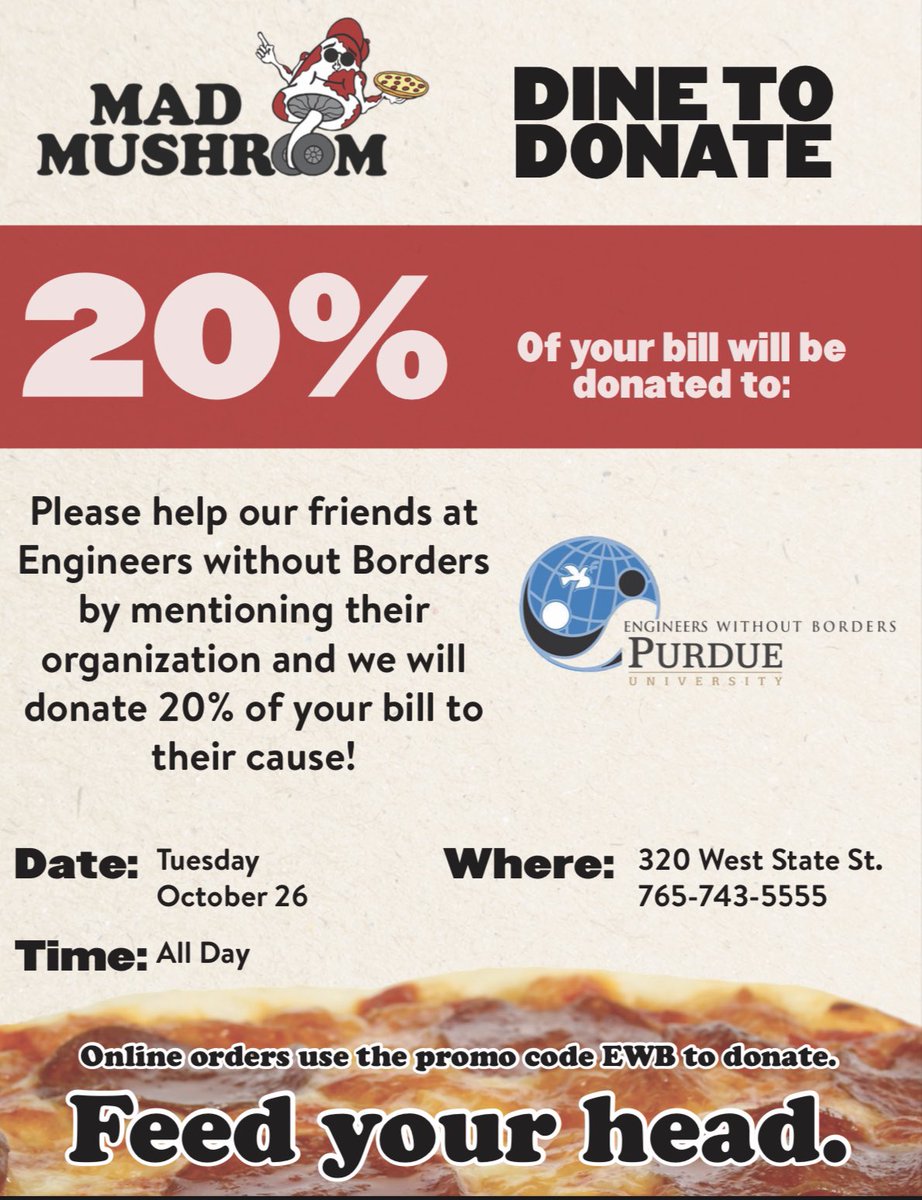 Today is our second Skip-A-Meal at Mad Mushroom Pizza! Grab your friends and get some pizza for lunch or dinner or both! Happening all day long. For online orders use the promo code: EWB