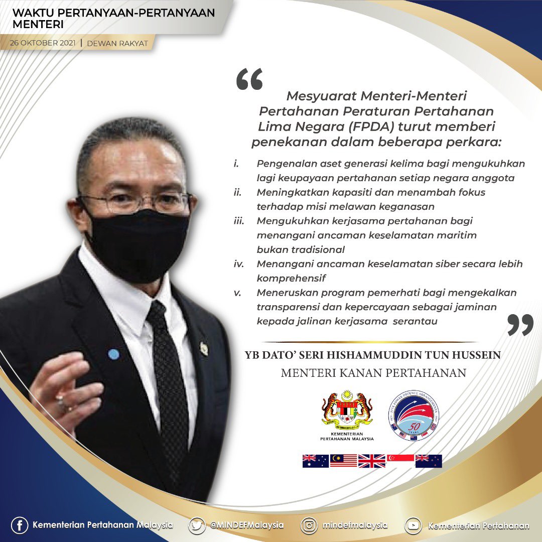 MINDEFMalaysia's tweet photo. Infografik Sesi Waktu Pertanyaan-pertanyaan Menteri oleh Menteri Kanan Pertahanan, YB Datoβ Seri @HishammuddinH2O di Dewan Rakyat pada 26 Oktober 2021
#MinDefMalaysia
#MinDefUpdate
#MinisterofDefence
#FPDA
#FPDA50 https://t.co/Ixoh0Oz0oH