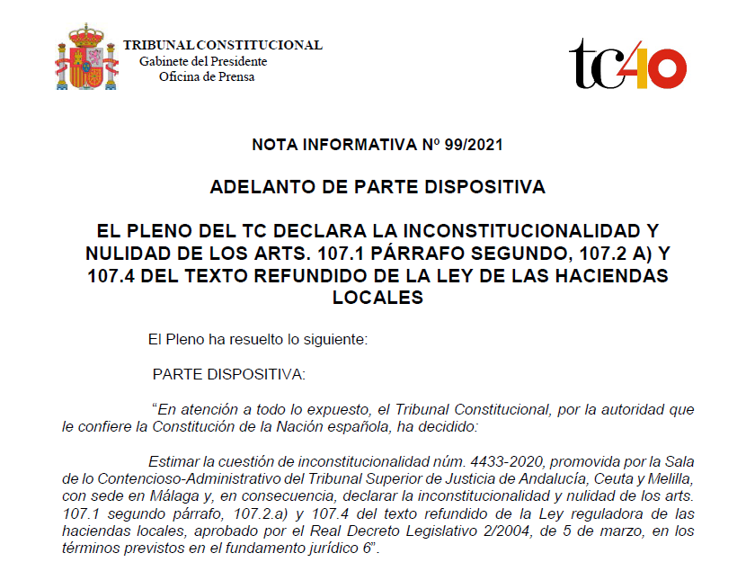 TConstitucionE's tweet photo. Nota de prensa | El Pleno del TC declara la inconstitucionalidad y nulidad de los arts. 107.1 párrafo segundo, 107.2 a) y 107.4 del texto refundido de la Ley de las haciendas locales https://t.co/63CsxUA2sy https://t.co/dKMk2NfVSh