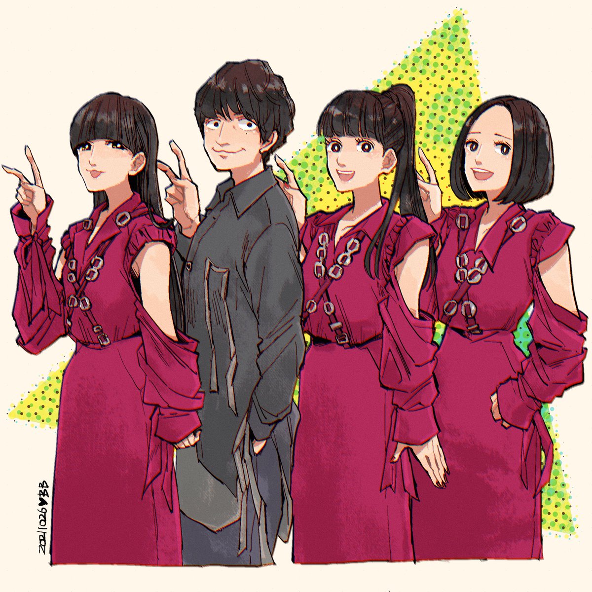 multiple girls 3girls 1boy long hair v short hair black hair  illustration images