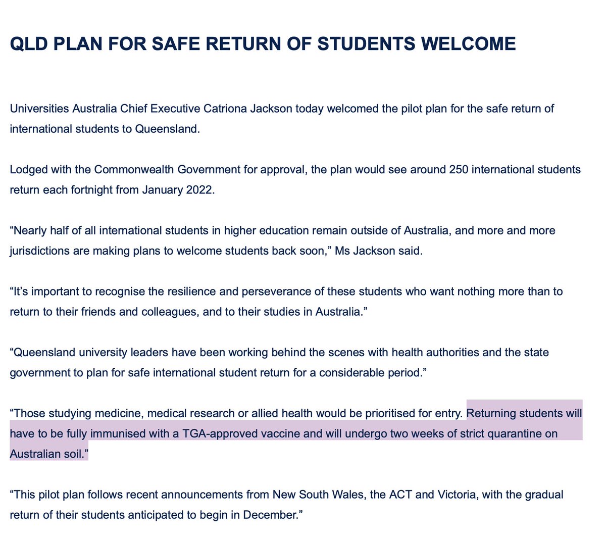 latikambourke's tweet photo. Interesting to see the universities sector backing the Queensland government's mandated quarantine detention "on Australian soil" for fully vaccinated students while quarantine-free travel will open up to fully vaccinated citizens, residents and other visa-holders. https://t.co/QYzfjR3nrd