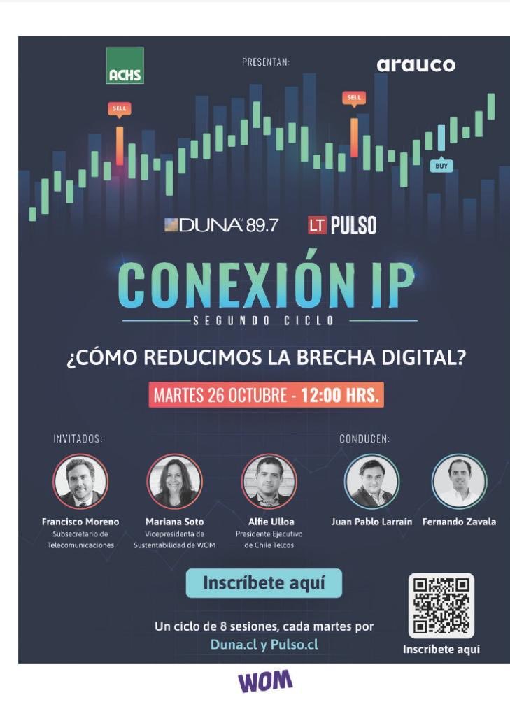 🔴[En breve] Subse <a href="/Moreno_Fco/">Francisco Moreno Guzmán</a> será parte de @conexionip: "¿Cómo reducimos la Brecha Digital?". 

Hoy a las 12:00 horas, junto a <a href="/larrainjp/">JPLM</a> y Fernando Zavala. También <a href="/marianasotoe/">Mariana Soto</a> de ⁦<a href="/womchile/">womchile</a> y Alfie Ulloa de ⁦<a href="/Chile_Telcos/">Chile Telcos</a>

En ➡️ bit.ly/3jE8OLI