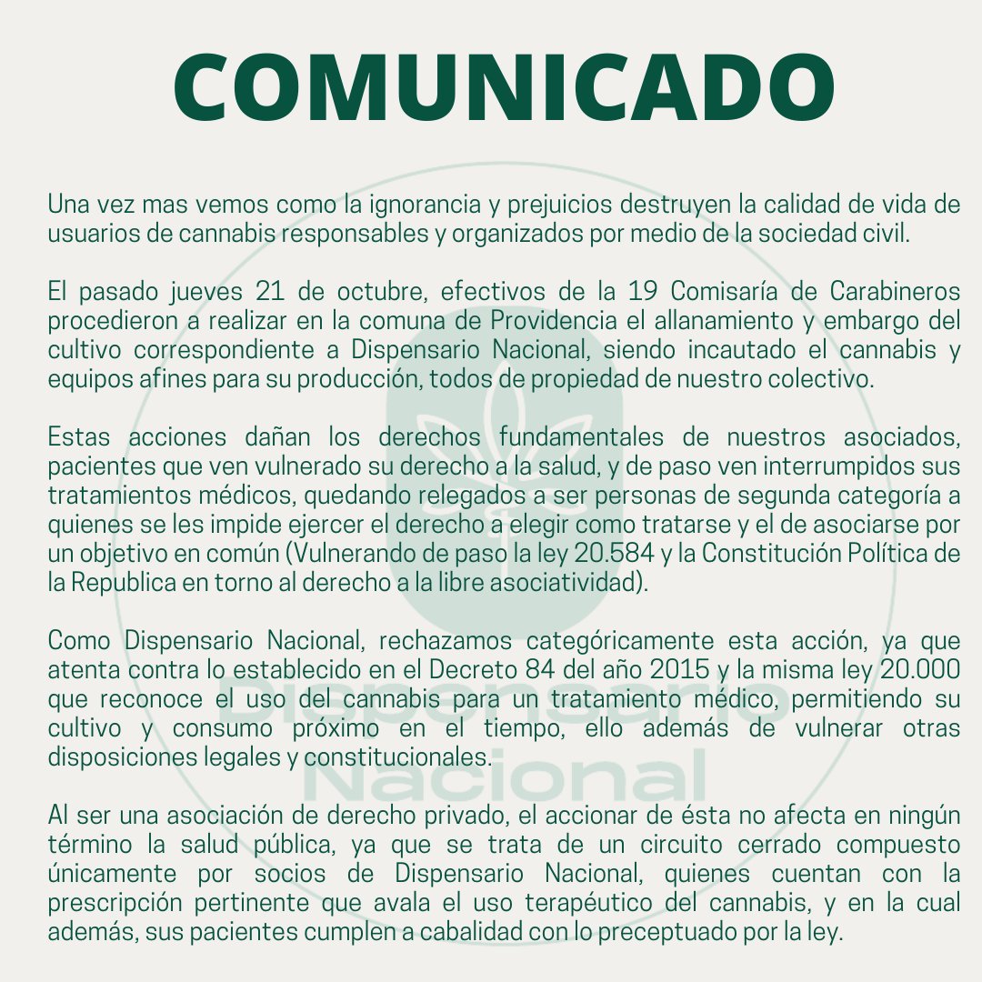 DisNacional's tweet photo. Hoy fue #DispensarioNacional que asocia a mas de 400 personas, mañana puedes ser cualquier cultivador de uso personal. #NOMASPRESOSPORPLANTAR !!! @GobChile @Cooperativa @DeProvidencia @FiscaliadeChile @evelynmatthei @canal13 @biobio @Carabdechile https://t.co/UQnqD8jhp7