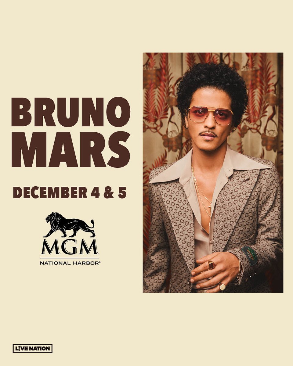 BrunosLadyClub's tweet photo. Repost @mgmnationalharbor 
🚨JUST ANNOUNCED: Party people in the place to be, @brunomars IS COMING BACK TO DC🕺💃 

Mark your calendars for December 4 &amp; 5.
M life presale starts October 28, and tickets go on sale October 29 https://t.co/NzDYZ6blvs