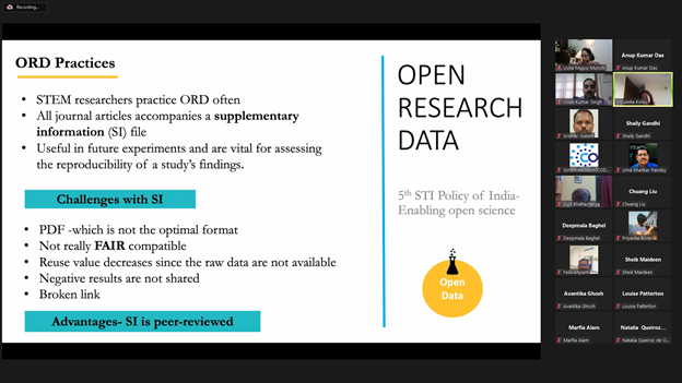 @uspindia @AannuuppK @IAMCRtweets @gmec_official @ShailyGandhi @CODATANews @mcu_bhopal @scrippsiij @vivekks12 @b_sujit1965 @SridharGutam @Moumita48214112 @OAIndia @simonhodson99 @DataSciSchools @JSCIRES @IndiaSTS @spf_in #SciDataCon21
@Moumita48214112 spoke on 'Open #DataPolicy for Publicly Funded Research: A Recommendation from 5th STI Policy of #India-Enabling #OpenScience'
based on #STIP2020 recommendations.