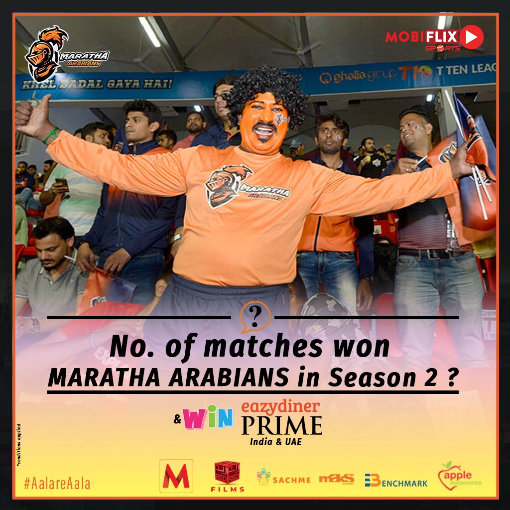 Q2 - No. of matches <a href="/MarathaArabians/">Maratha Arabians</a>  won in <a href="/T10League/">T10 Global</a> in season 2?

Follow us &amp; Guess the numbers to win 🎁 <a href="/eazydiner/">EazyDiner</a>  prime annual #membership (#India / #UAE ).

#cricket #cricketer #cricketlovers  #ICC #cricketfans #cricketlover #corporate #business #sports #IPL #T20WorldCup