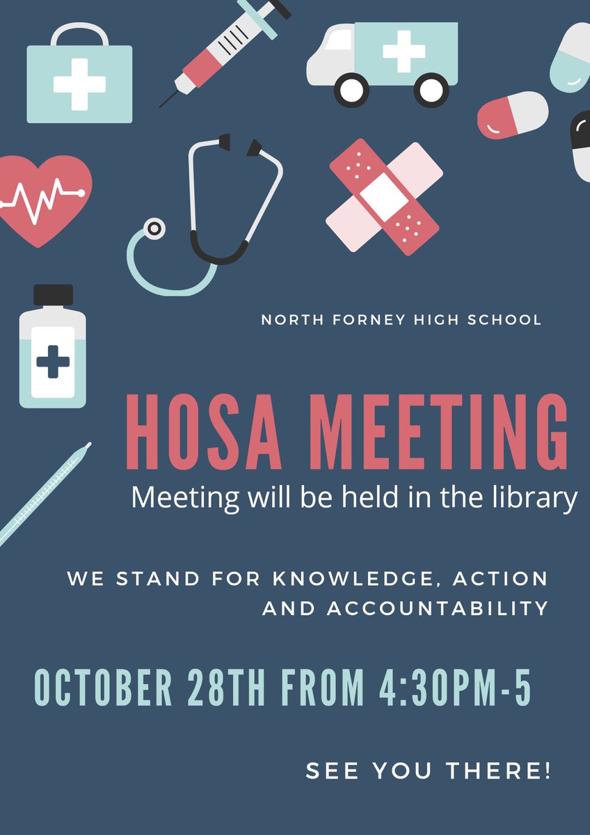 Come on out to our 1st HOSA meeting! Our meeting will be held in the North Forney High School library from 4:30 until 5pm. We will be happy to see you! #northforneyhosa
#truenorth <a href="/NFHS_TrueNorth/">North Forney HS</a>