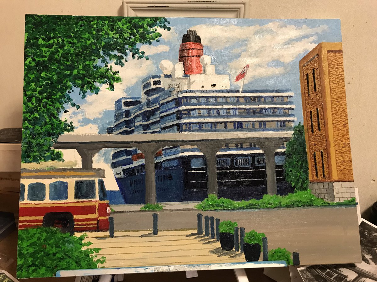 punipcruises's tweet photo. 絵画展のエントランス展示用に以前アクリル画で描いた日本大通りとQEを15号の油彩画で描き直しています
さて、間に合うのかなー
#キュナードライン
#MSQueenElizabeth https://t.co/MrGf8XwTVP