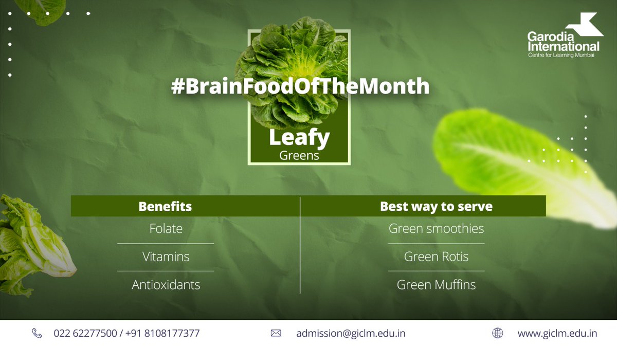 GICLM_'s tweet photo. All have emphasised on the importance of including green leafy veggies into the diets of young kids. 

Spinach, kale, methi, etc., are rich in fibre along with vitamins and nutrients that help in the growth of new brain cells. #BrainFoodOfTheMonth
#FoodForChildren #FoodForBrain https://t.co/G3fzdEvDma