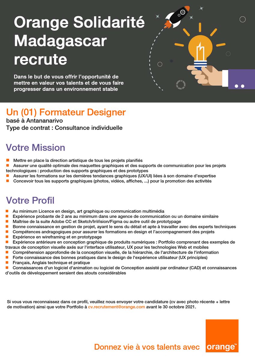 orange_mg's tweet photo. 👋👋Pour vous dans le domaine du #graphisme, #design 💼
Vous aimez partager votre passion dans le cadre d'un projet innovant ?
👉Rejoignez-nous !!! 😉
#OMARH #Recrutement https://t.co/283Hqm0TyN