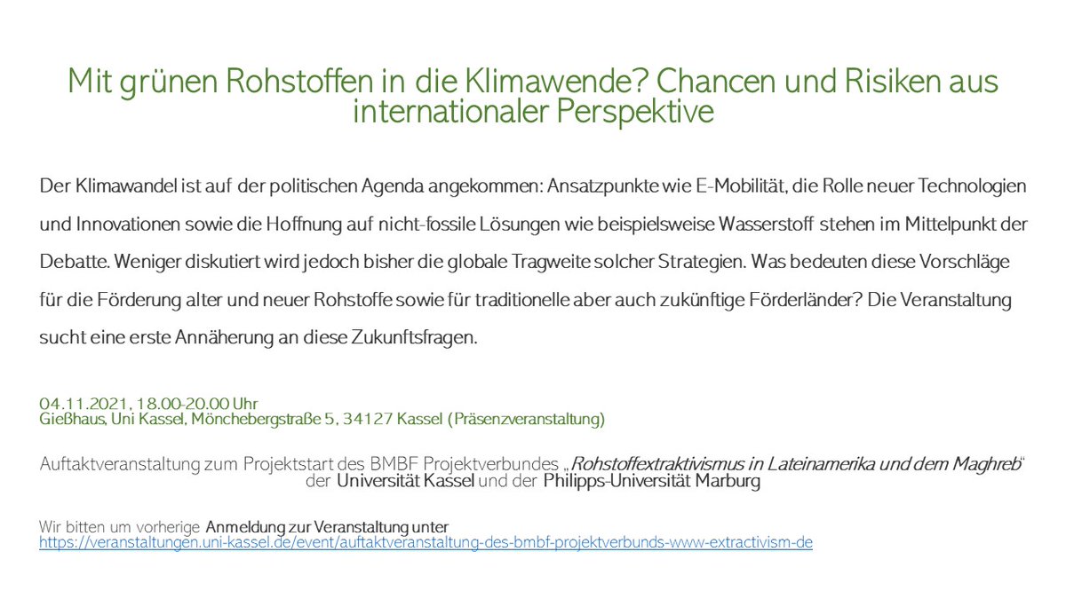 Extractivism.de (@extractivism_de) on Twitter photo Auftaktveranstaltung zum Projektstart des @BMBF_Bund <a href="/Extractivism_DE/">Extractivism.de</a>: "Mit grünen #Rohstoffen in die #Klimawende? Chancen und Risiken aus internationaler Perspektive" von @presseunikassel und <a href="/Uni_MR/">Philipps-Universität</a>. Mehr Infos zur Anmeldung:extractivism.de/transfer/aufta… Auftaktveranstaltung zum Projektstart des @BMBF_Bund <a href="/Extractivism_DE/">Extractivism.de</a>: "Mit grünen #Rohstoffen in die #Klimawende? Chancen und Risiken aus internationaler Perspektive" von @presseunikassel und <a href="/Uni_MR/">Philipps-Universität</a>. Mehr Infos zur Anmeldung:extractivism.de/transfer/aufta…