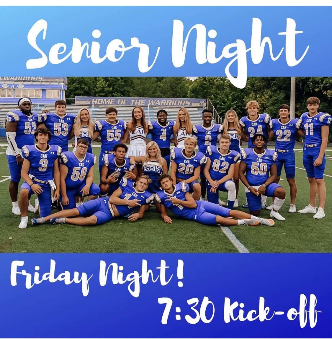 Come celebrate our senior cheerleaders &amp; players!  7:30 Kickoff!  @CAKWarriorCoach <a href="/cak_wac/">WAC-CAK</a> <a href="/CAKBluecrew/">Blue Crew</a> <a href="/CAKAthletics/">CAK Warriors Athletics</a>