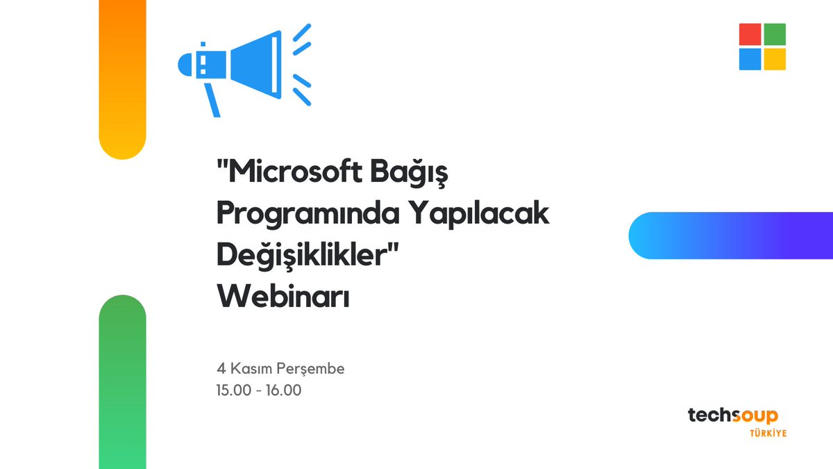 Microsoft, STK'lar için yürüttüğü bağış programında bir takım değişiklikler yapmayı planlıyor. Yapılacak değişiklikler ile ilgili sizlere daha fazla ve ayrıntılı bilgi vermek istiyoruz. Yapacağımız webinarda bize katılın. bit.ly/microsoft-prog…