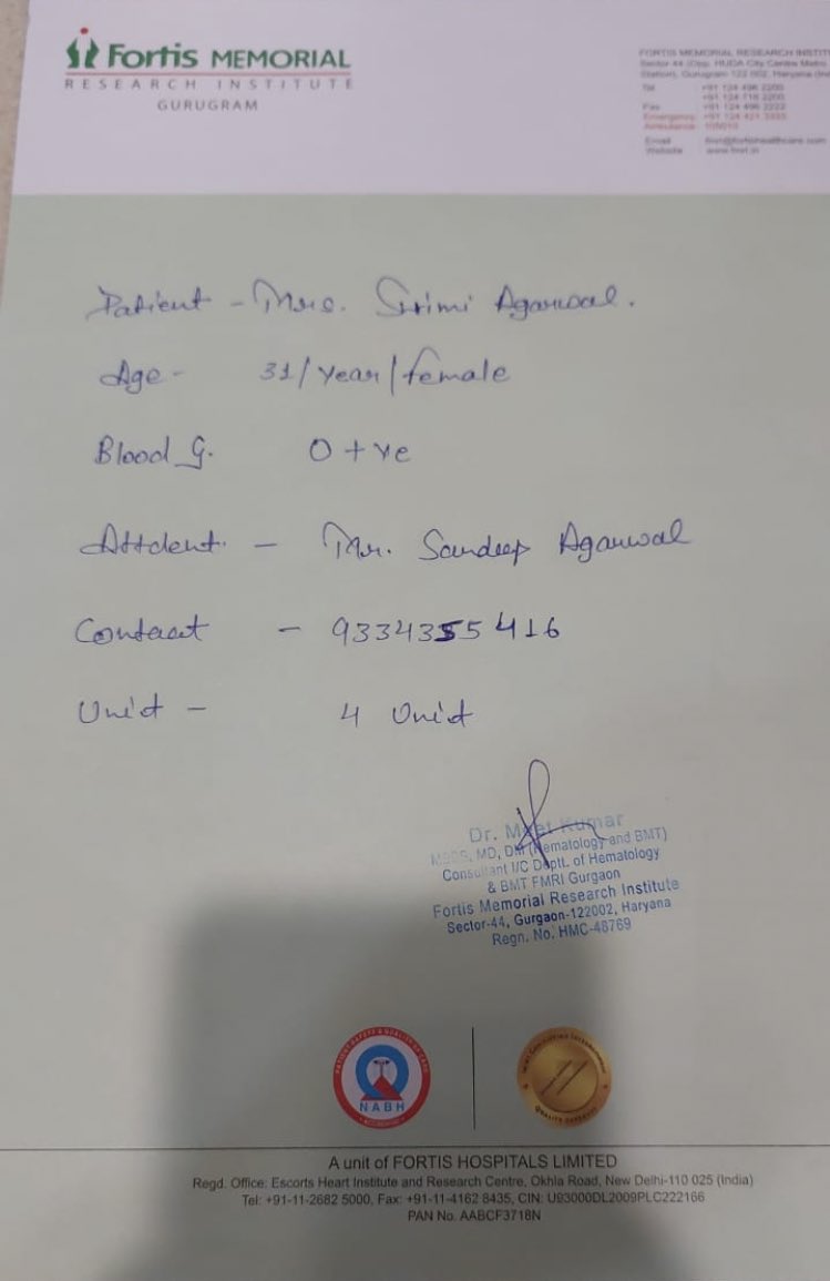 vani_mehrotra's tweet photo. *Urgent Blood Requirement*
Patient: Shrimi
Age: 31
Blood Group: O+/any
Units: 4
Hospital: Fortis Gurgaon
Attendant: Sandeep (9334355416)
Please help @BloodDonorsIn @JanBharatOrg https://t.co/PtDssVX7Bm
