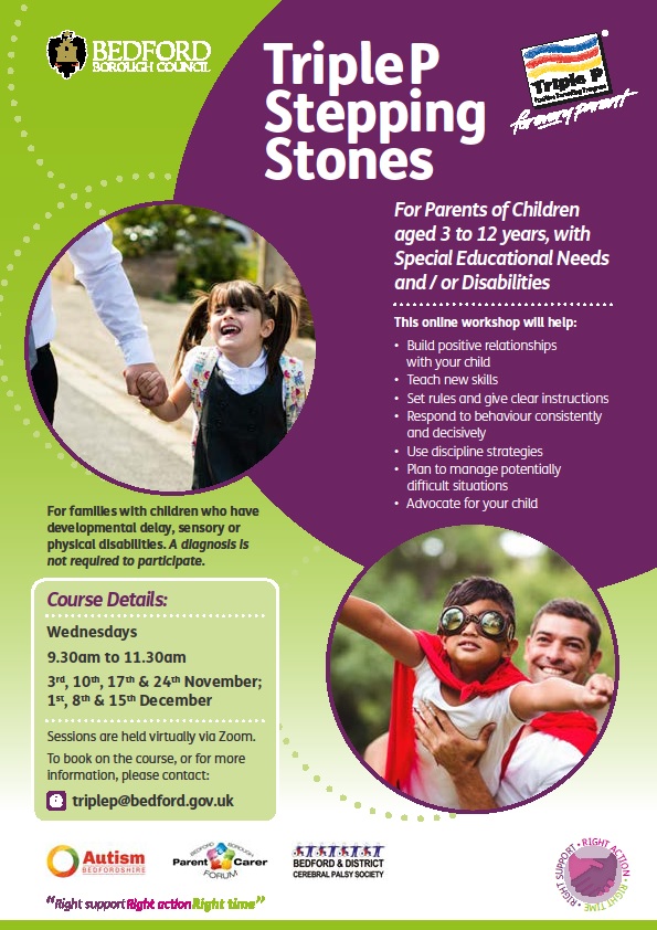 Bedfordlocalof1's tweet photo. The next ONLINE Triple P - Stepping Stones for parents/carers of children with a developmental disability and/or additional need start online on Wed 3rd November for more info to book email TripleP@bedford.gov.uk https://t.co/aPjhGaf8IZ