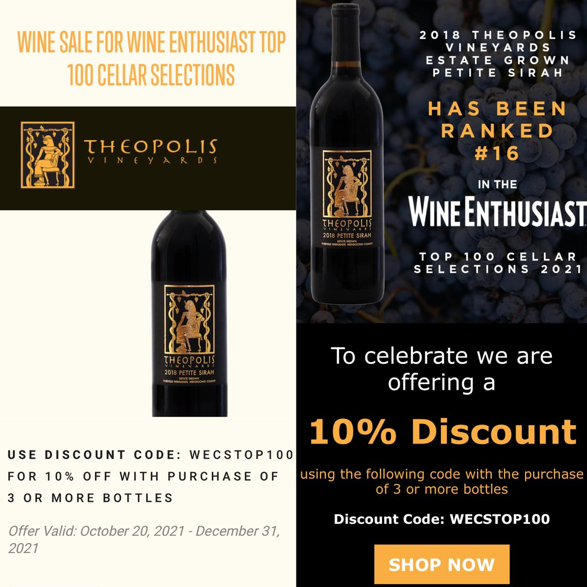 Theopolis Vineyards (@theopolisv) on Twitter photo To celebrate our ranking #16 in <a href="/WineEnthusiast/">WineEnthusiast</a> Top 100 Cellar Selections, we are offering 10% off the purchase of 3 or more bottles. Use WECSTOP100 at checkout. This sale runs until 12/31/21. Link in bio takes you to our sale page. Thank you for your continued support. To celebrate our ranking #16 in <a href="/WineEnthusiast/">WineEnthusiast</a> Top 100 Cellar Selections, we are offering 10% off the purchase of 3 or more bottles. Use WECSTOP100 at checkout. This sale runs until 12/31/21. Link in bio takes you to our sale page. Thank you for your continued support.